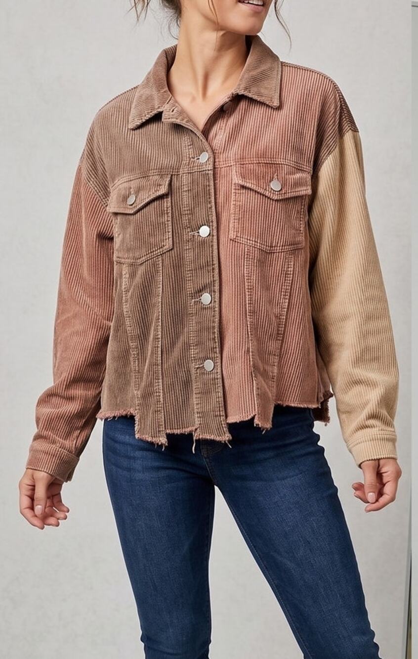 POL Womens Large Corduroy Cropped Two-Tone Jacket Raw Frayed Hem